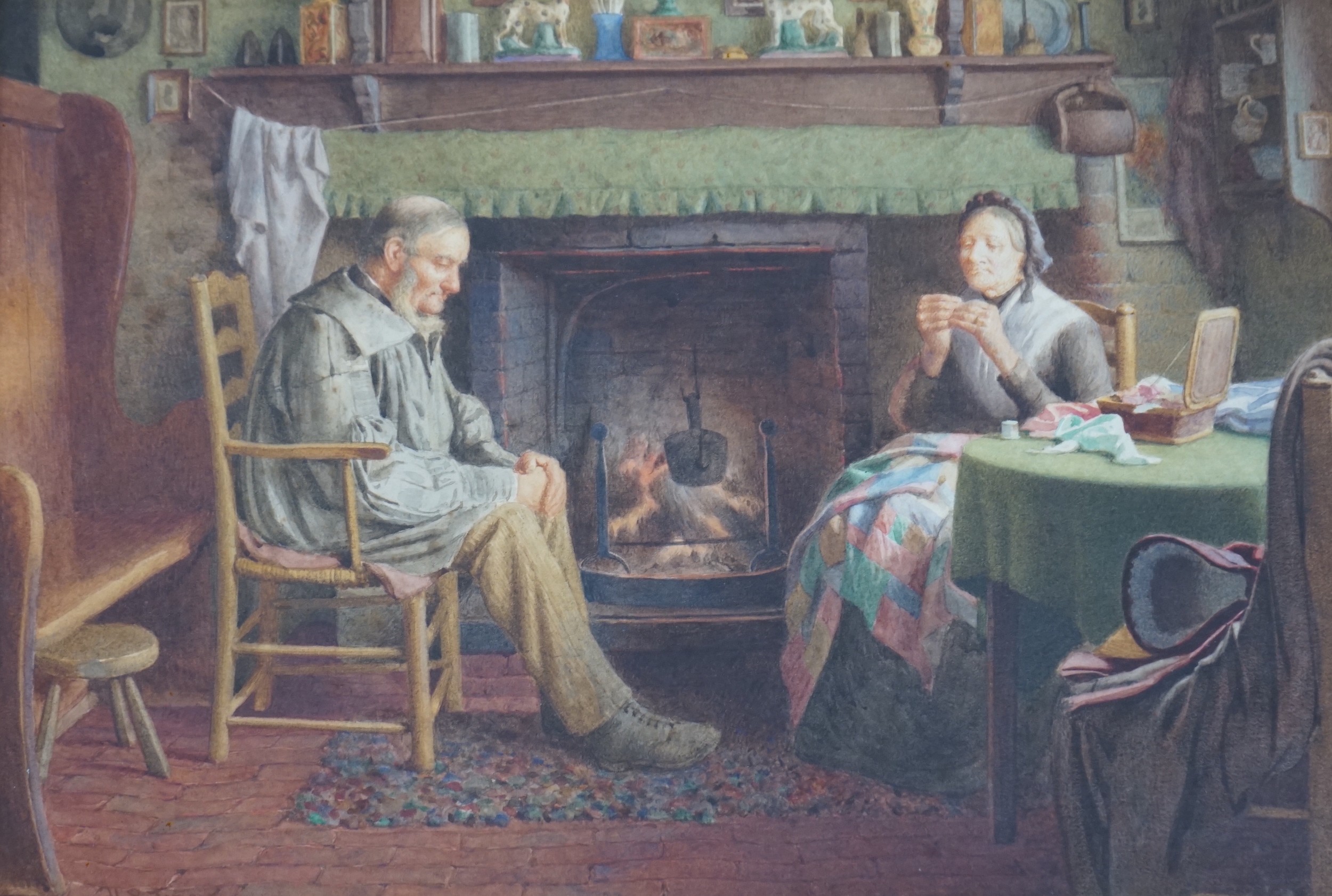 Henry Spernon Tozer (1854-1938), watercolour, Cottaqe interior with elderly couple beside the hearth, signed and dated 1918, 22 x 32cm